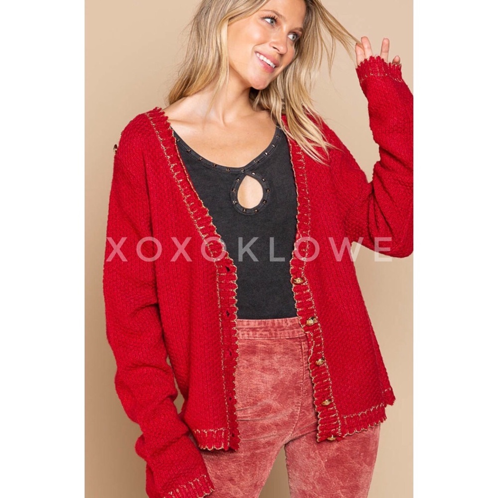 POL Red Button Front Cardigan with Sparkly Gold Trim - Picture 10 of 15